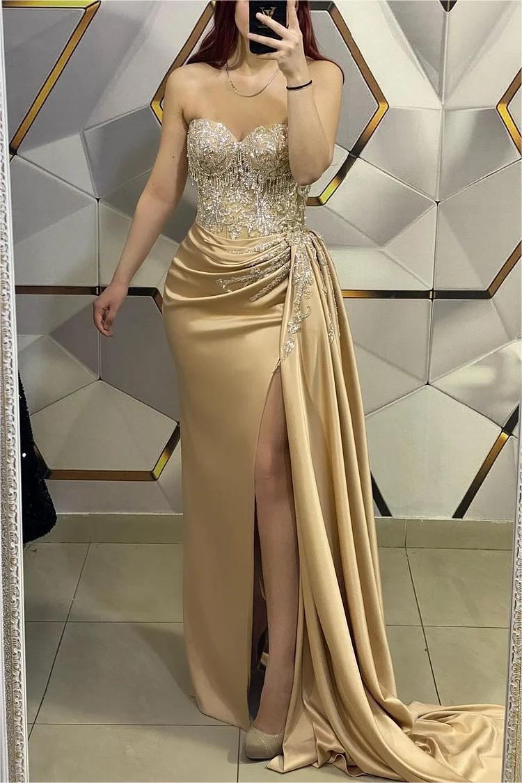 Gorgeous Gold Sweetheart Strapless Sleeveless Pleated Long Split With Beading