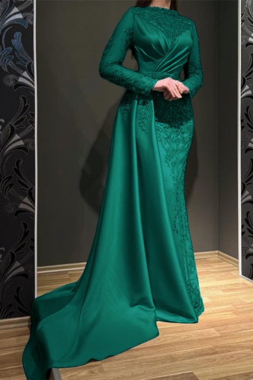 Gorgeous Grey Long Sleeves Jewel Mermaid Stretch Satin Prom Dress with Appliques