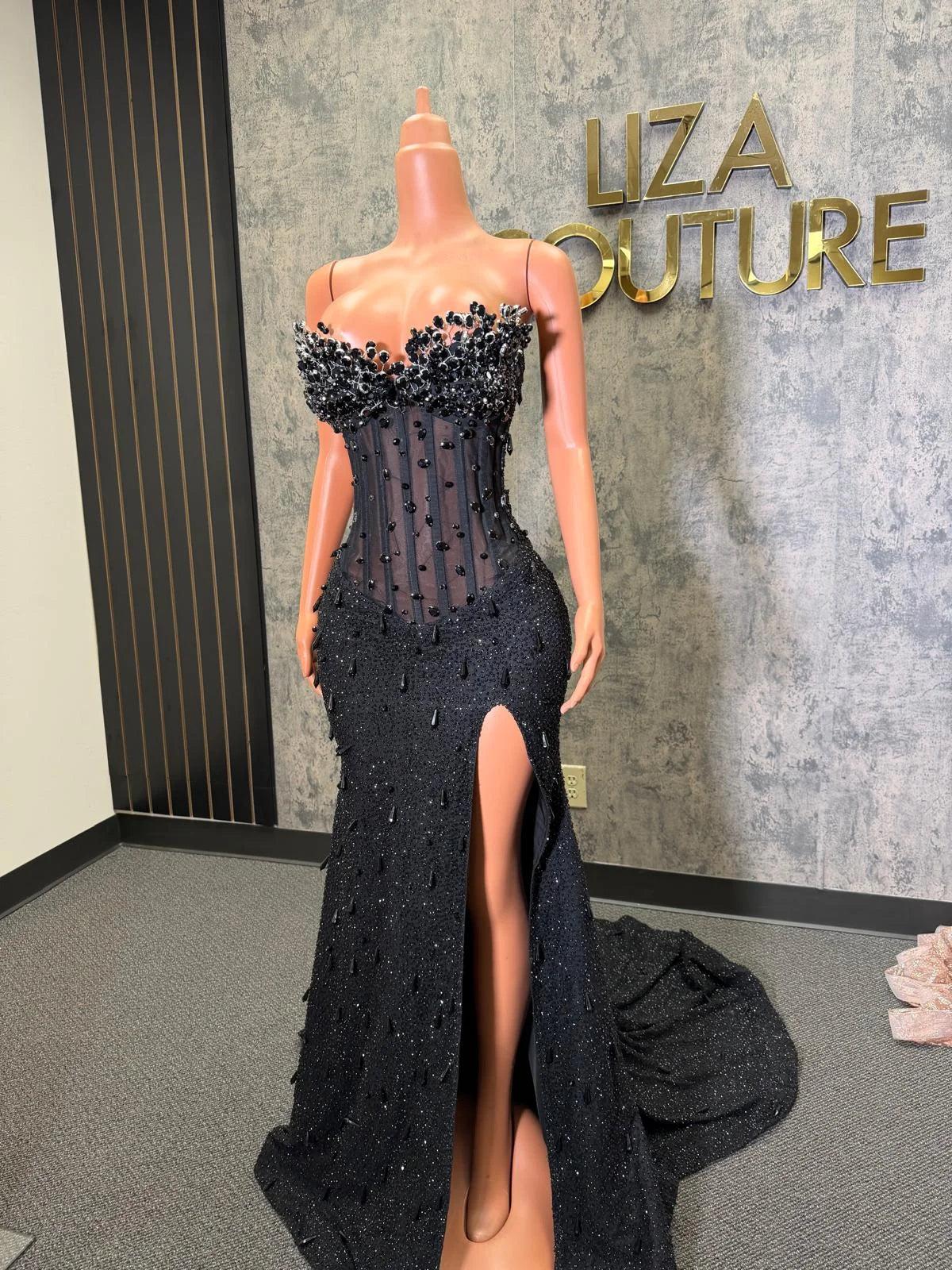 Gorgeous Long Black Mermaid Sleeveless Glitter Corset Prom Dress with Slit