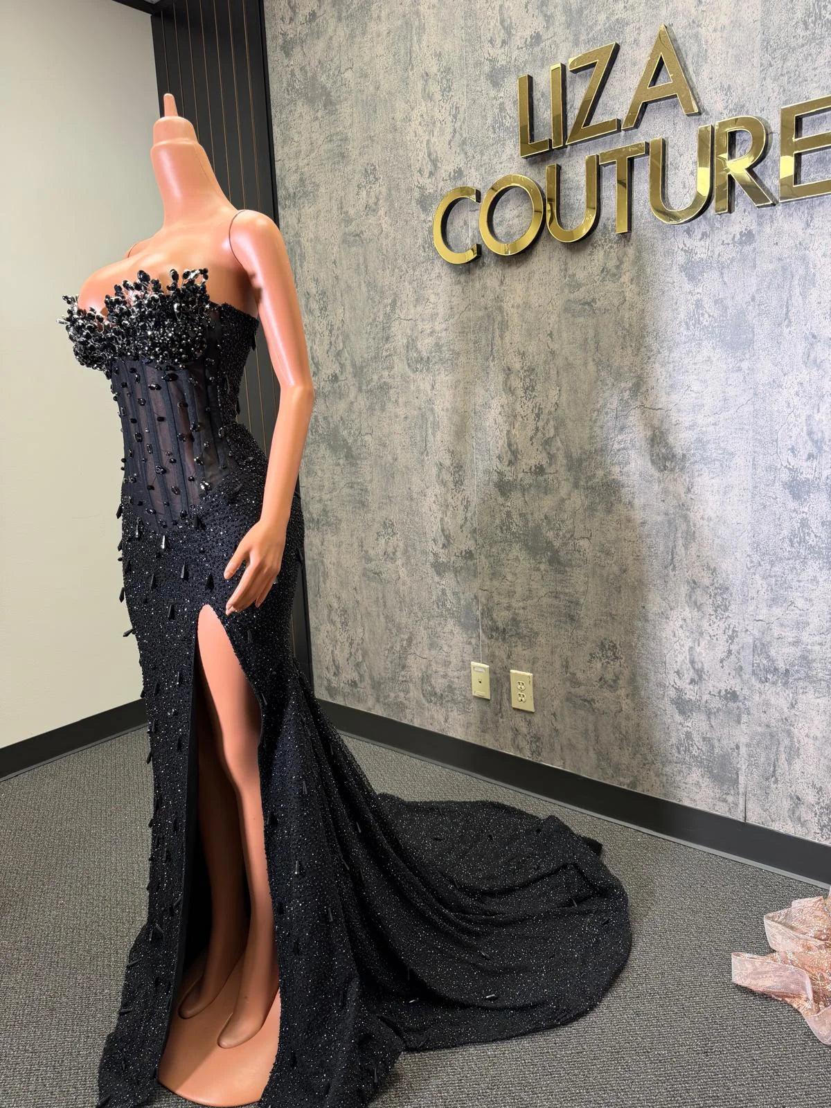 Gorgeous Long Black Mermaid Sleeveless Glitter Corset Prom Dress with Slit