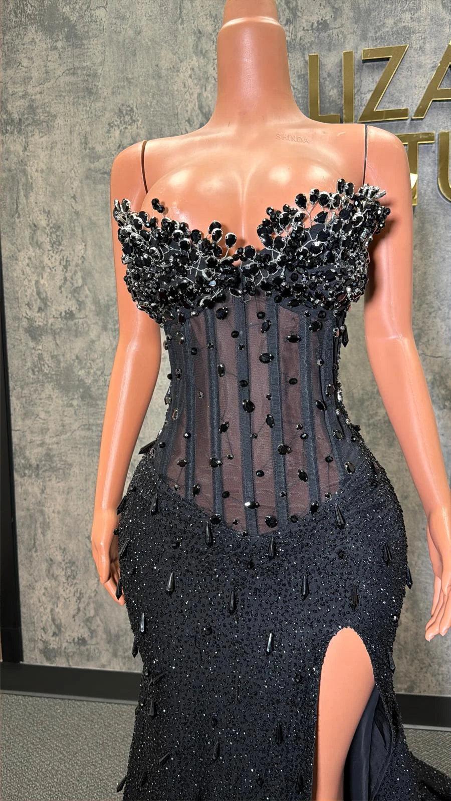 Gorgeous Long Black Mermaid Sleeveless Glitter Corset Prom Dress with Slit