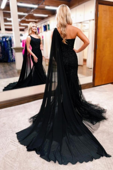 Gorgeous Long Black One Shoulder Mermaid Glitter Prom Evening Dresses With Lace