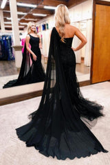 Gorgeous Long Black One Shoulder Mermaid Glitter Prom Evening Dresses With Lace