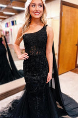 Gorgeous Long Black One Shoulder Mermaid Glitter Prom Evening Dresses With Lace