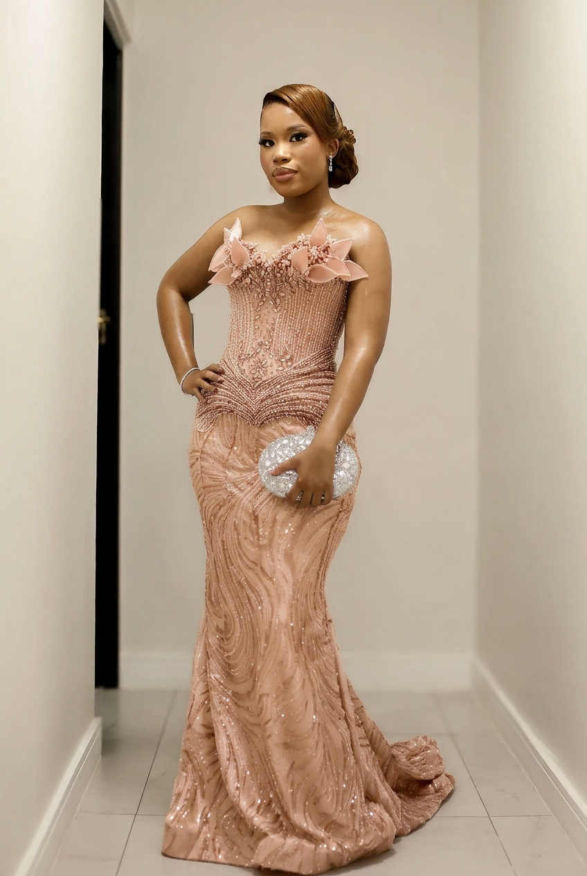 Pearl pink strapless beaded mermaid prom dress