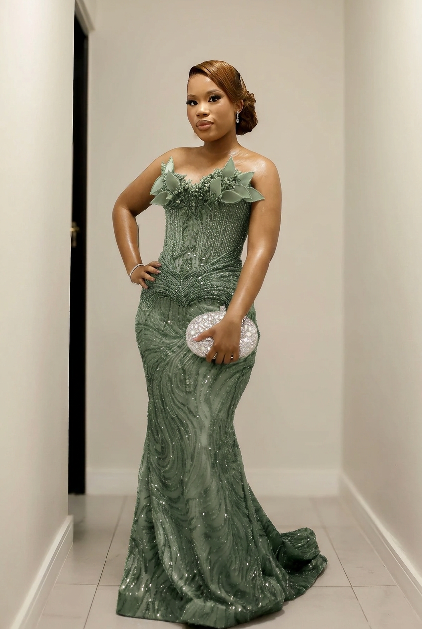 Dusty sage strapless beaded mermaid prom dress