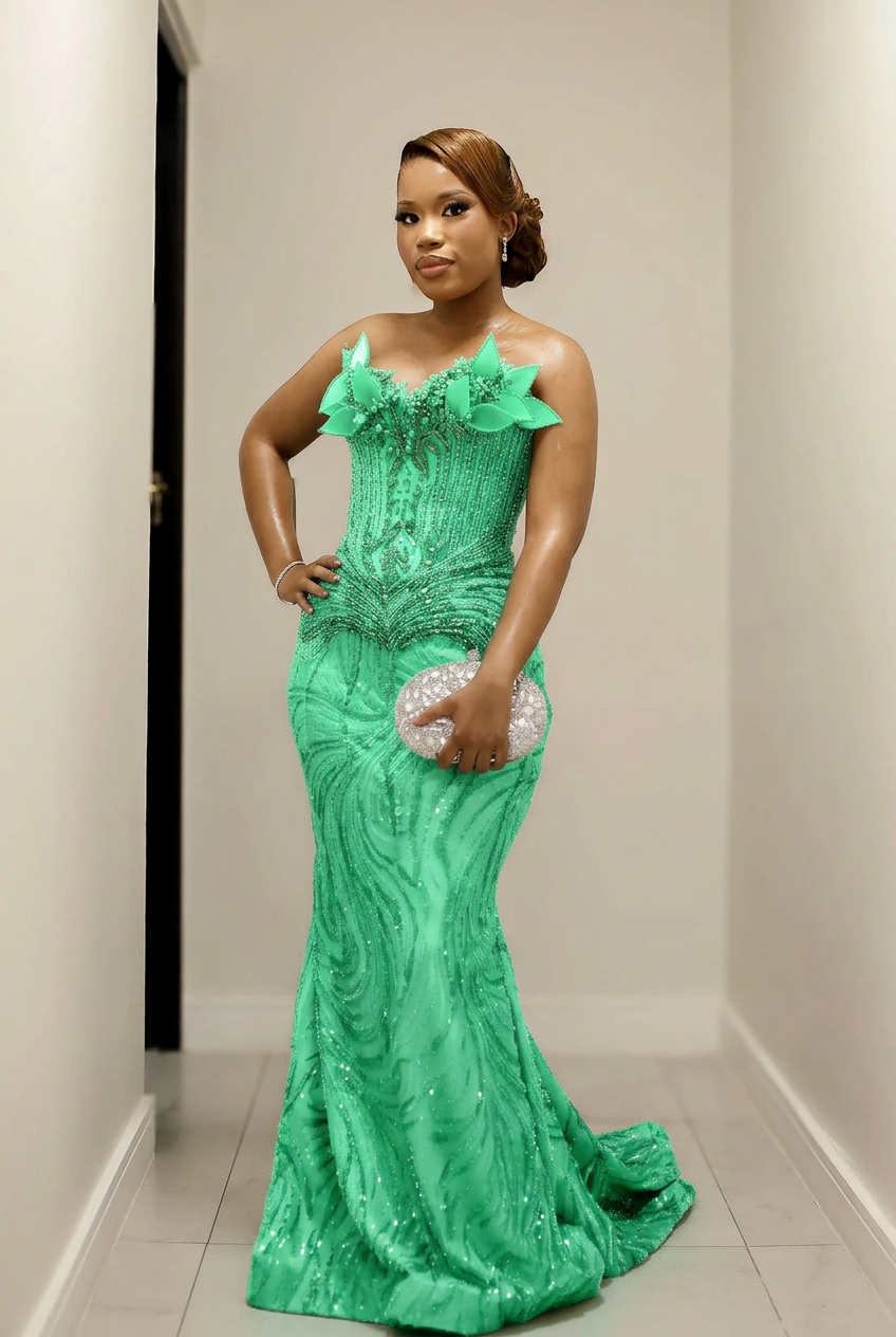 Mint green strapless beaded mermaid prom dress