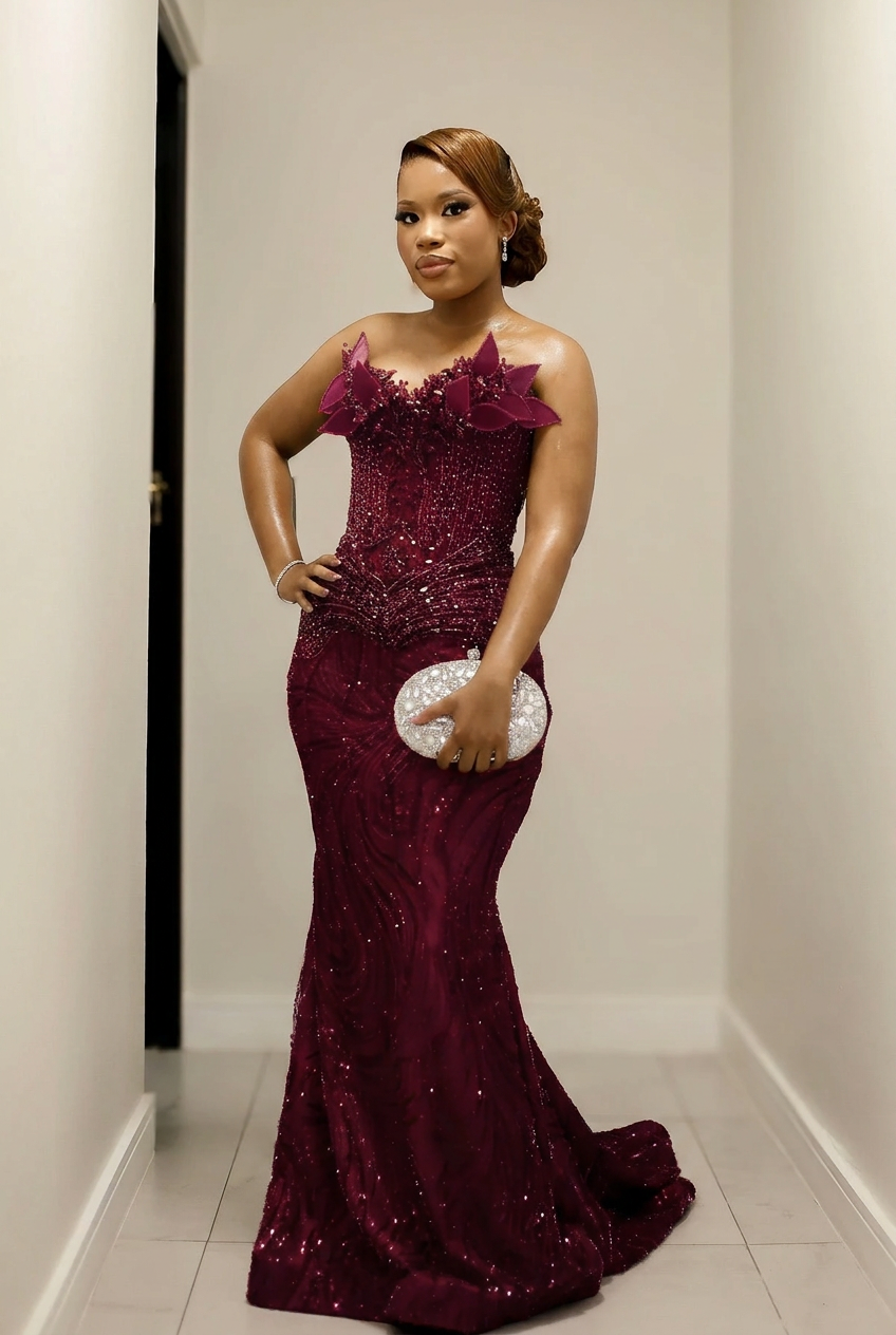 Grape strapless beaded mermaid prom dress