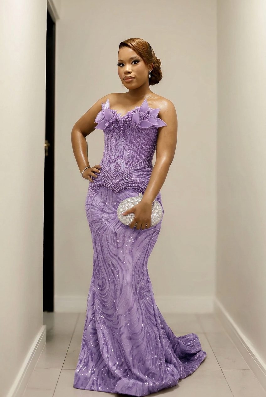 Lavender strapless beaded mermaid prom dress