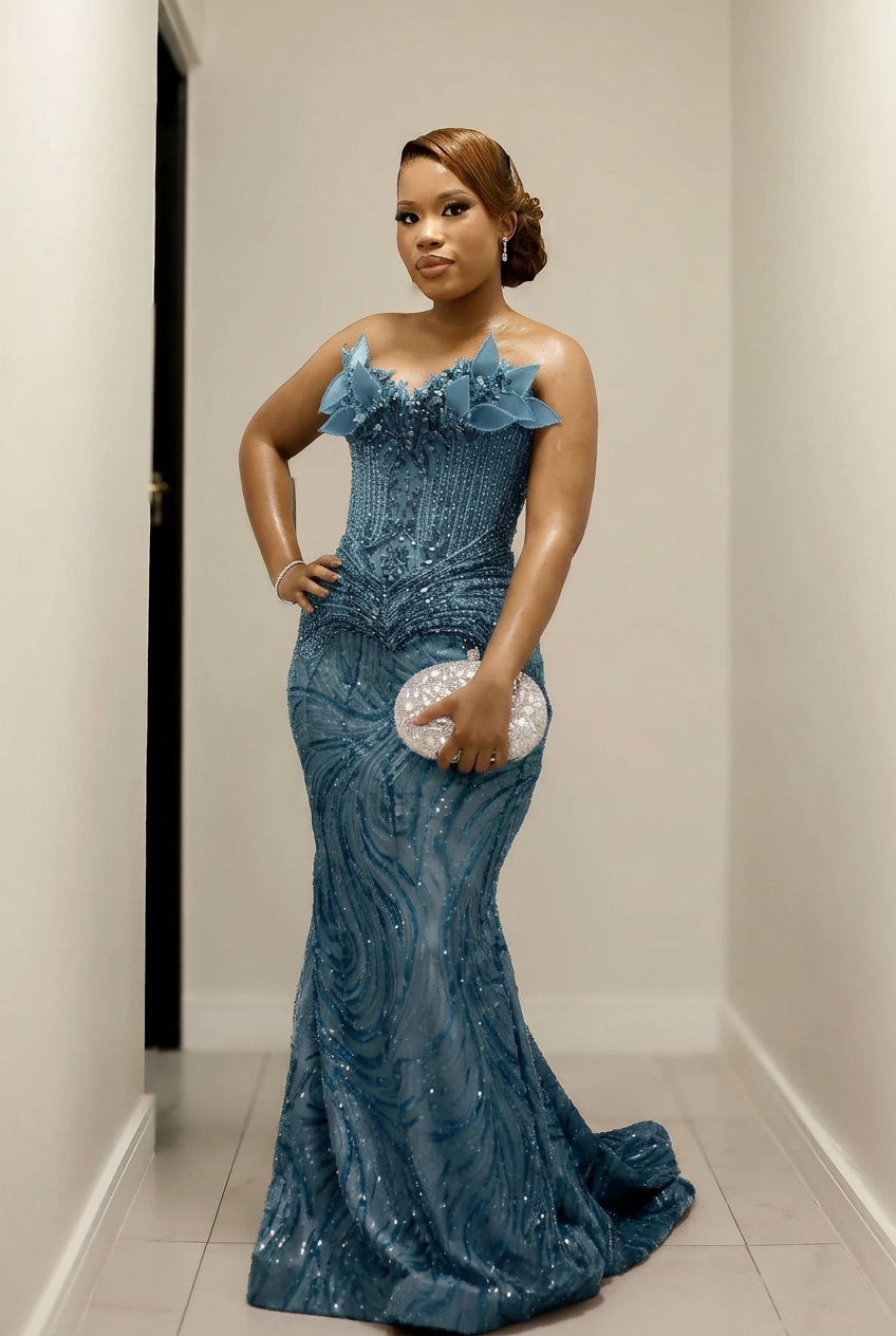 Dusty blue strapless beaded mermaid prom dress