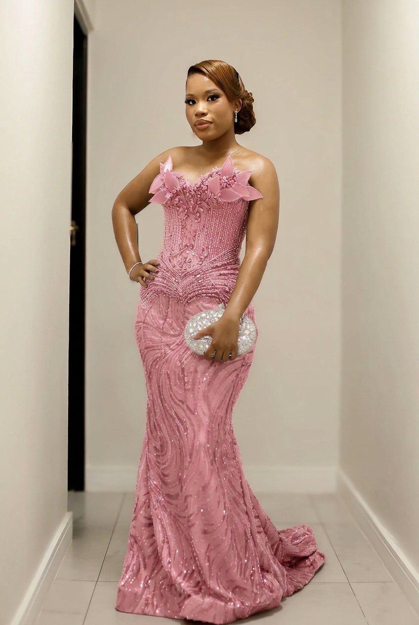 Candy pink strapless beaded mermaid prom dress
