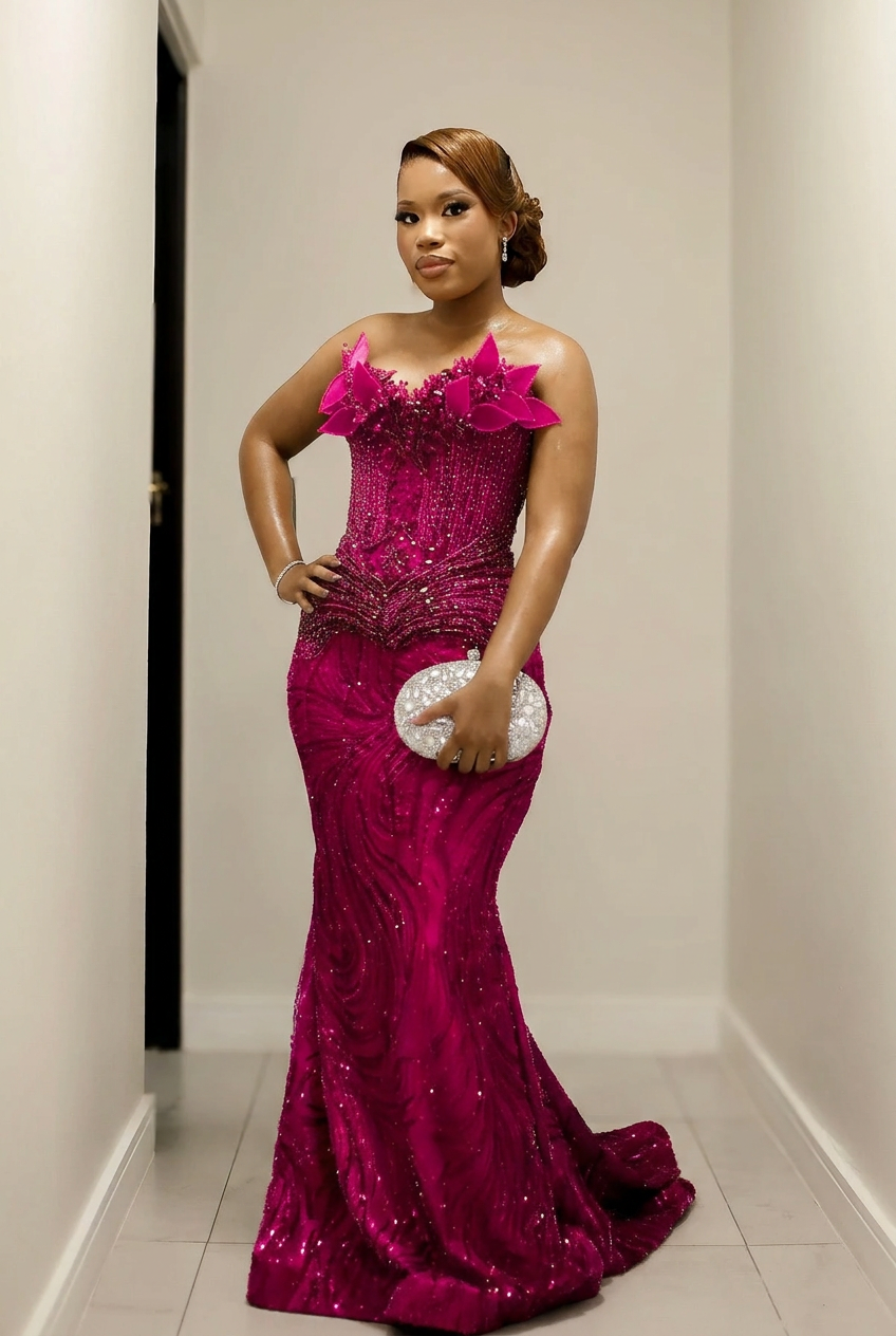 Fuchsia strapless beaded mermaid prom dress