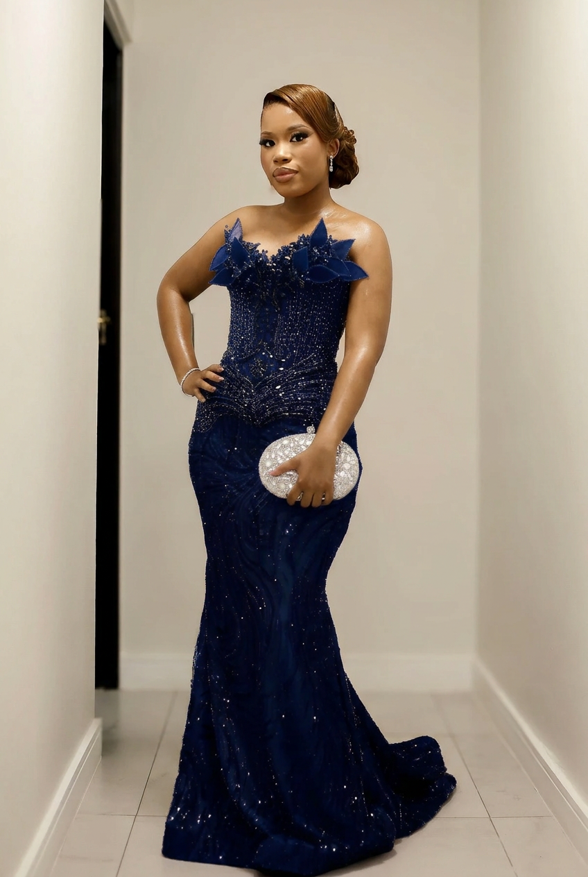 Dark navy strapless beaded mermaid prom dress