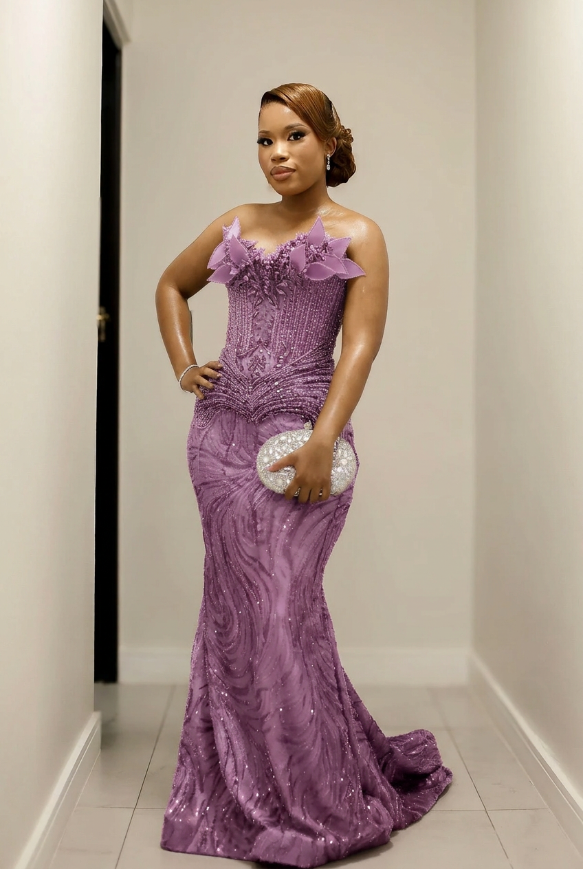 Lilac strapless beaded mermaid prom dress