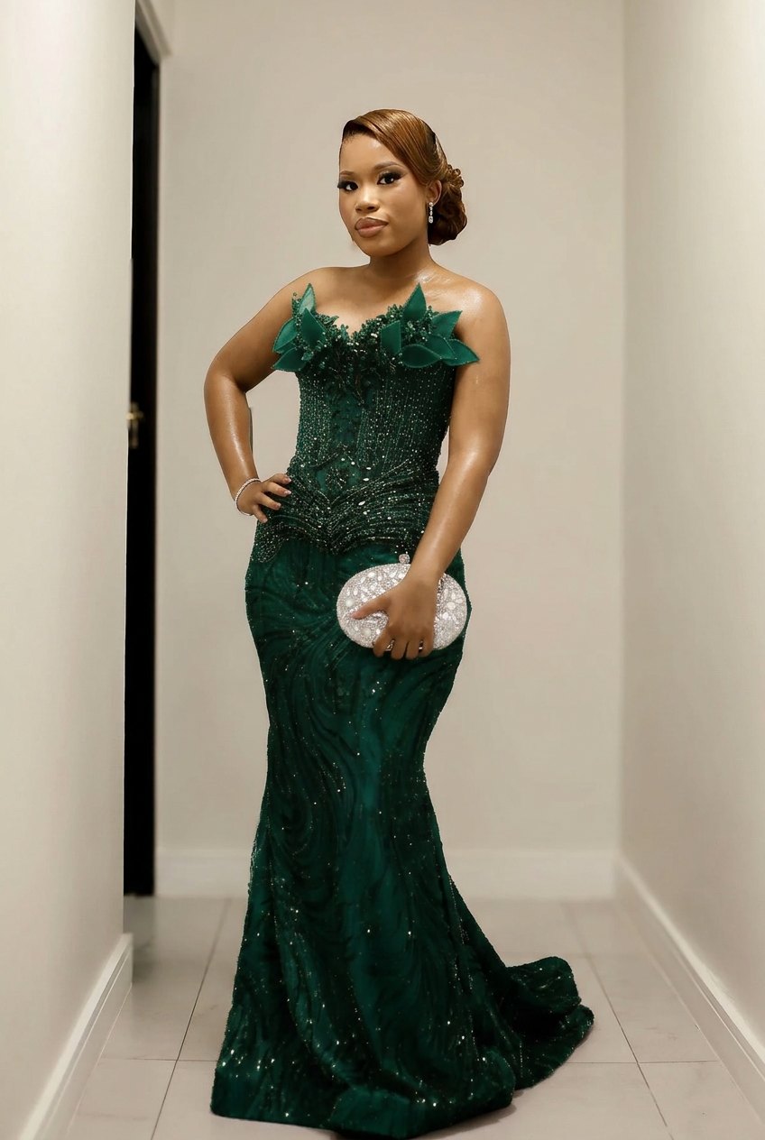 Dark green strapless beaded mermaid prom dress