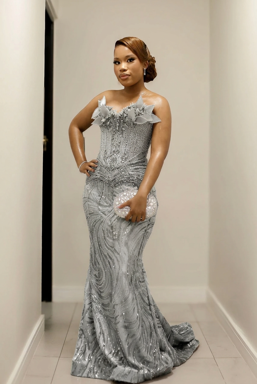 Silver strapless beaded mermaid prom dress