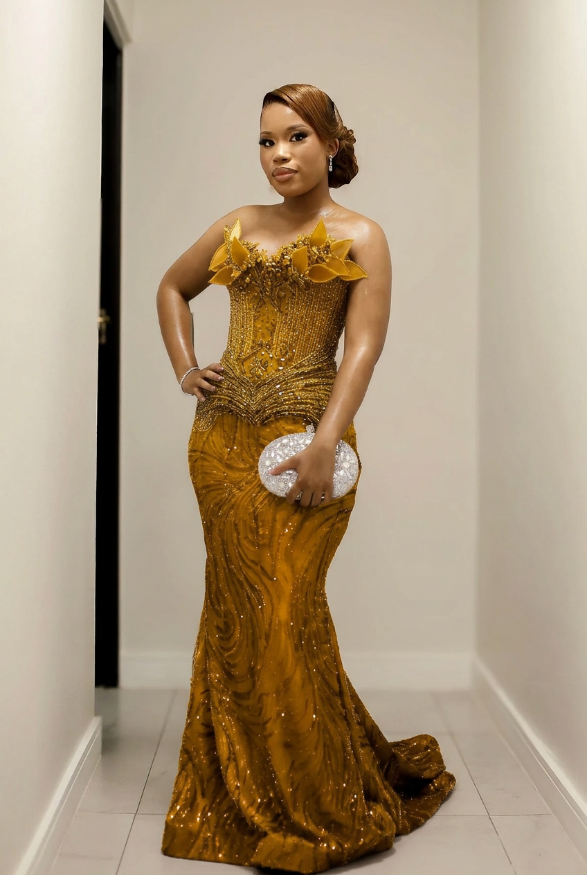 Gold strapless beaded mermaid prom dress