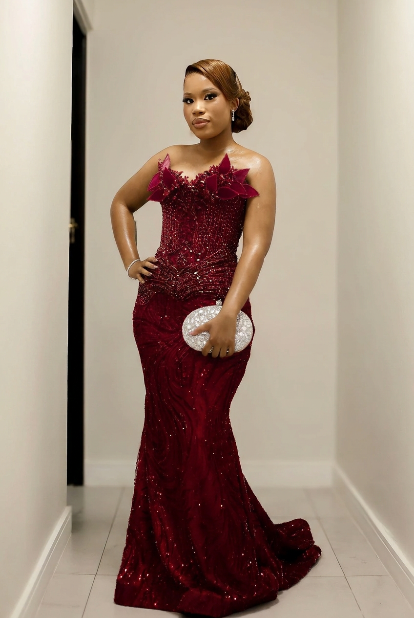 Burgundy strapless beaded mermaid prom dress