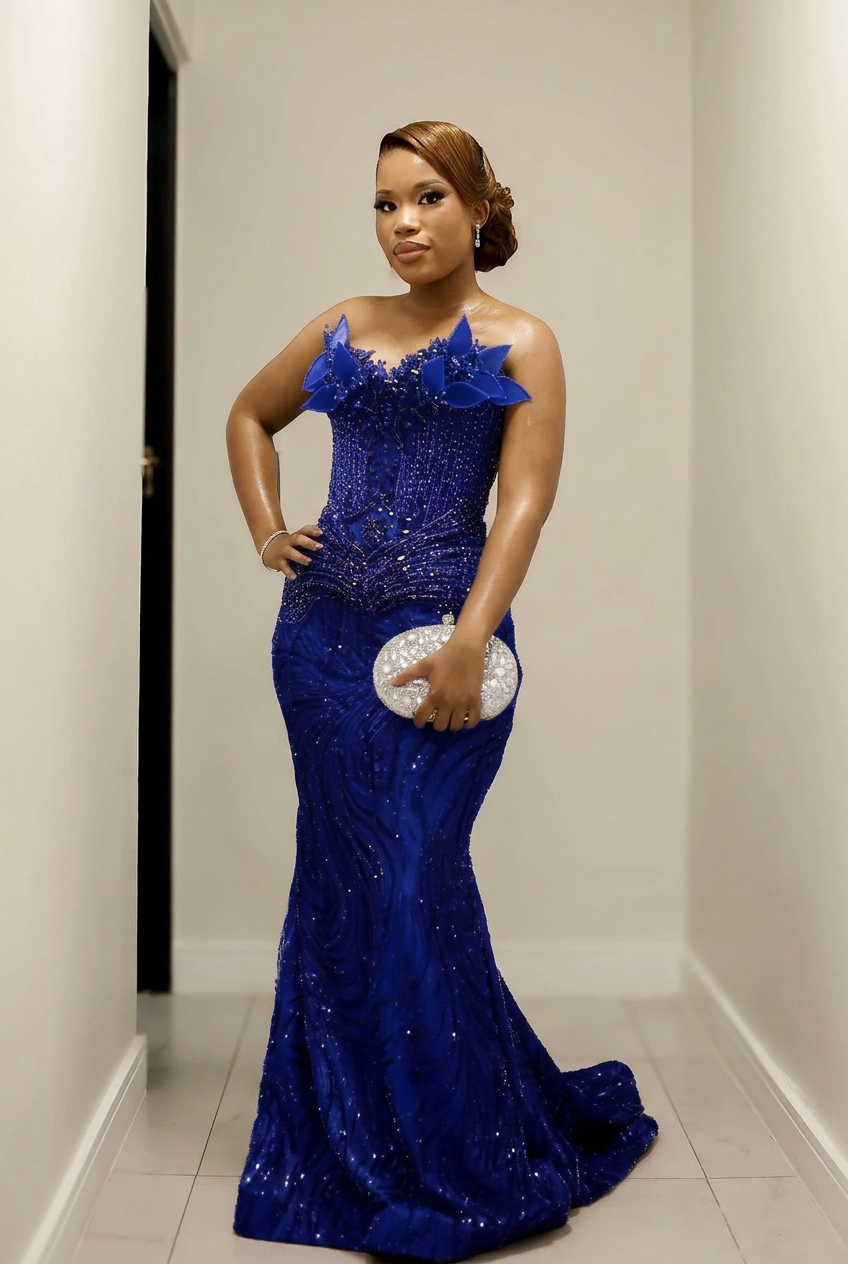 Royal blue strapless beaded mermaid prom dress