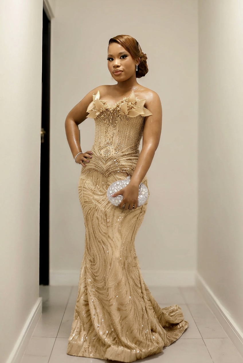 Champagne strapless beaded mermaid prom dress
