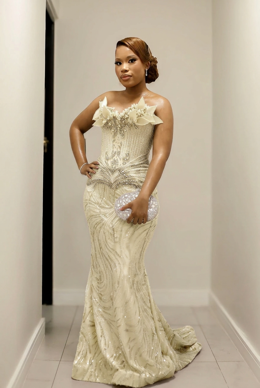 Ivory strapless beaded mermaid prom dress