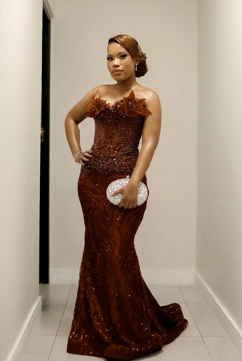 Chocolate strapless beaded mermaid prom dress