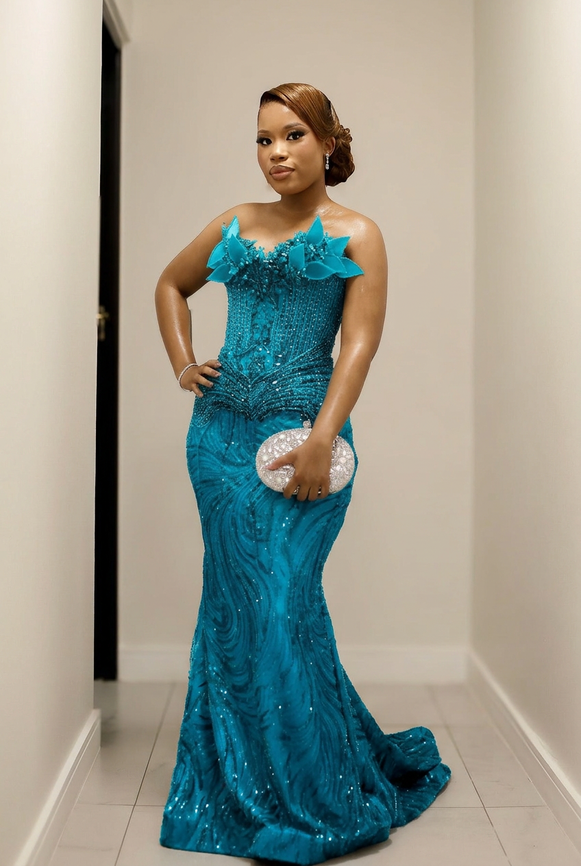 Turquoise strapless beaded mermaid prom dress