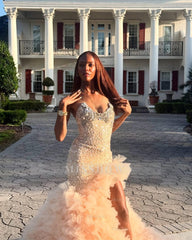 Gorgeous Long Champagne Strapless Mermaid Beaded Prom Dress with Slit and Ruffles