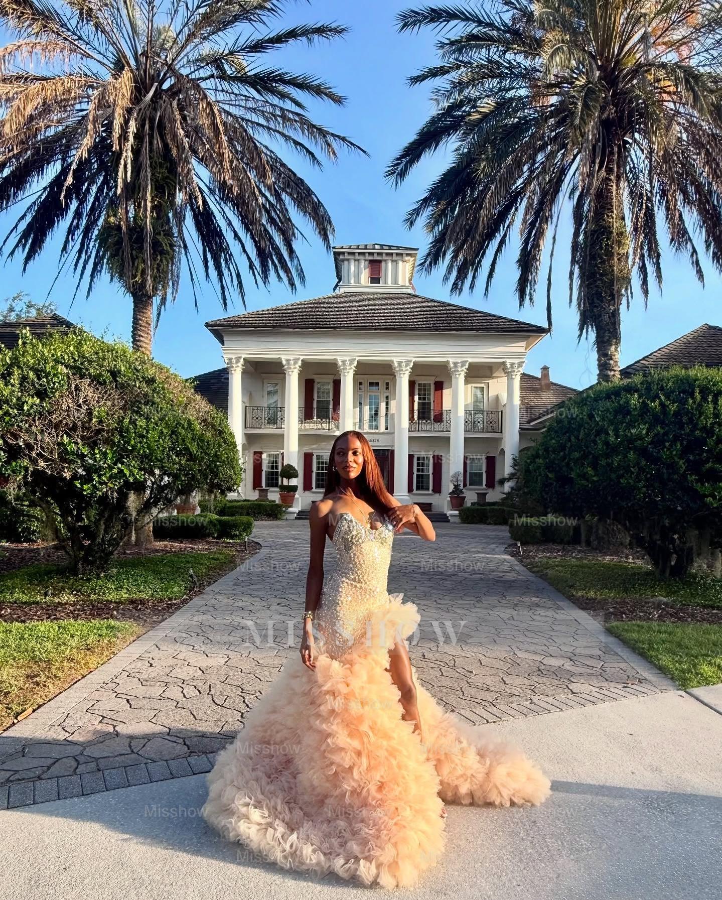 Gorgeous Long Champagne Strapless Mermaid Beaded Prom Dress with Slit and Ruffles