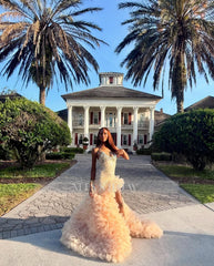 Gorgeous Long Champagne Strapless Mermaid Beaded Prom Dress with Slit and Ruffles