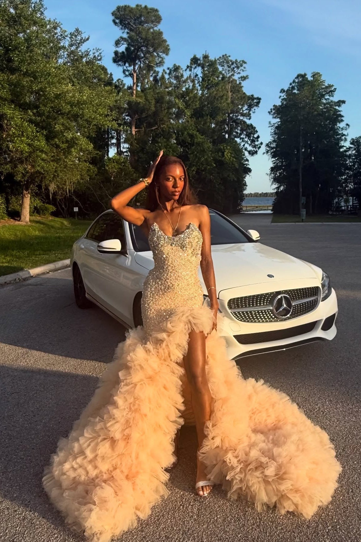 Gorgeous Long Champagne Strapless Mermaid Beaded Prom Dress with Slit and Ruffles