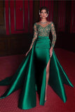 Gorgeous Long Emerald Beading Lace Split Prom dress With Long Sleeves