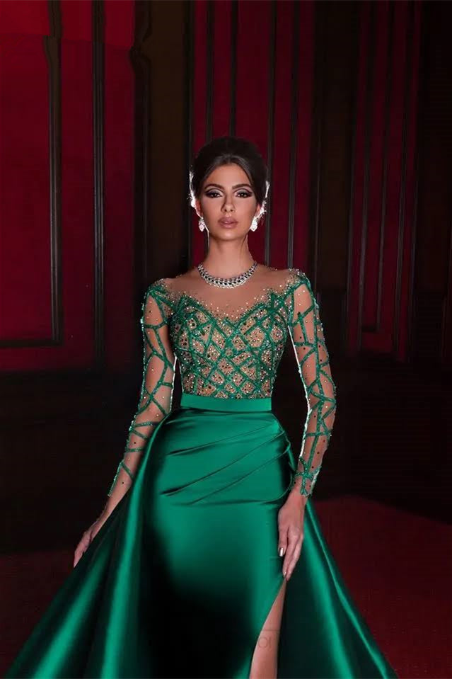 Gorgeous Long Emerald Beading Lace Split Prom dress With Long Sleeves