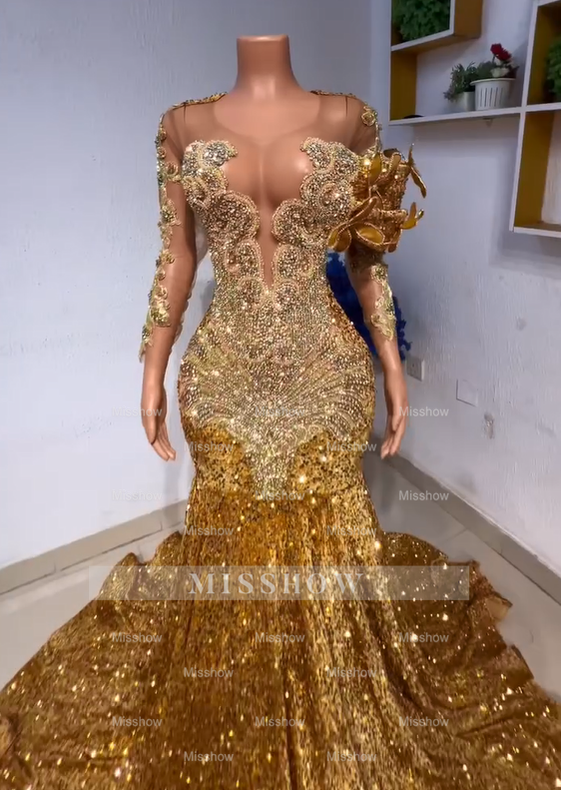 Gorgeous Long Gold Mermaid Sequined Prom Dress with Long Sleeves