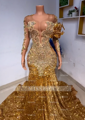 Gorgeous Long Gold Mermaid Sequined Prom Dress with Long Sleeves
