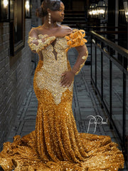 Gold scoop beaded mermaid prom dress