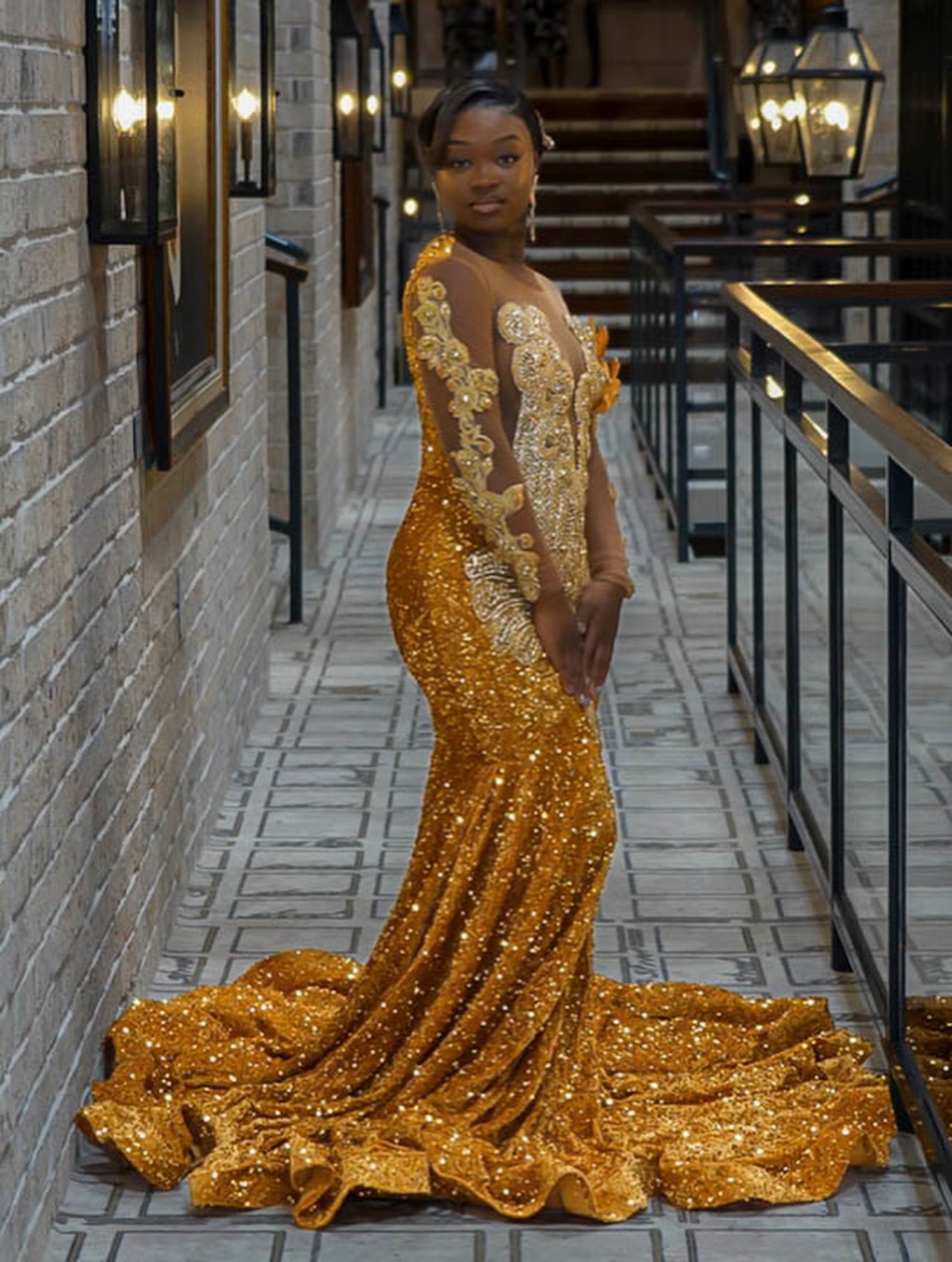 Gold scoop beaded mermaid prom dress