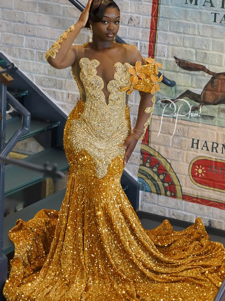 Gold scoop beaded mermaid prom dress