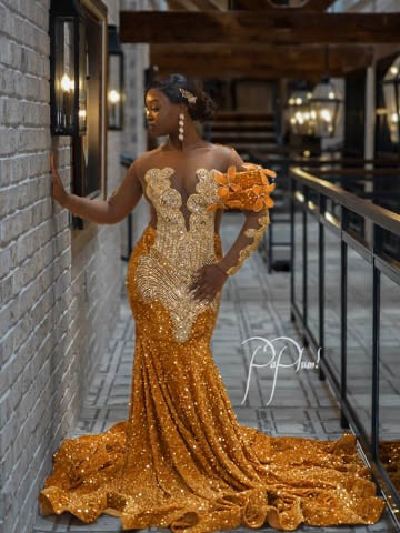 Gold scoop beaded mermaid prom dress