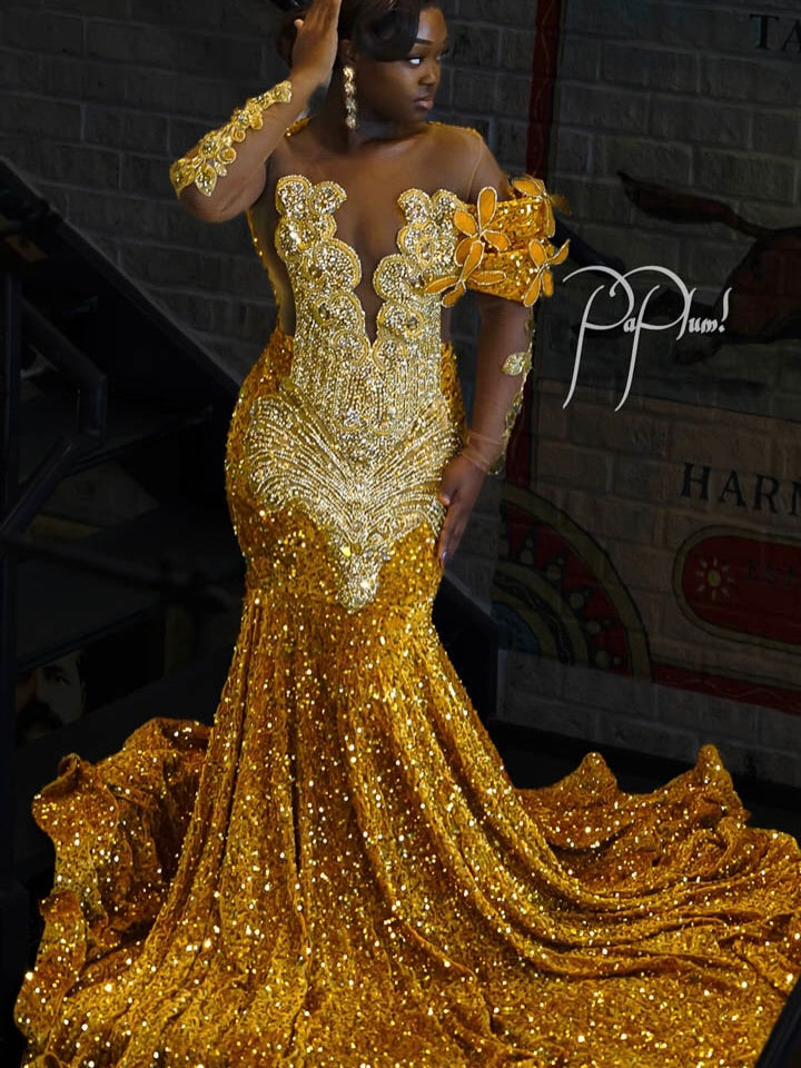 Gold scoop beaded mermaid prom dress
