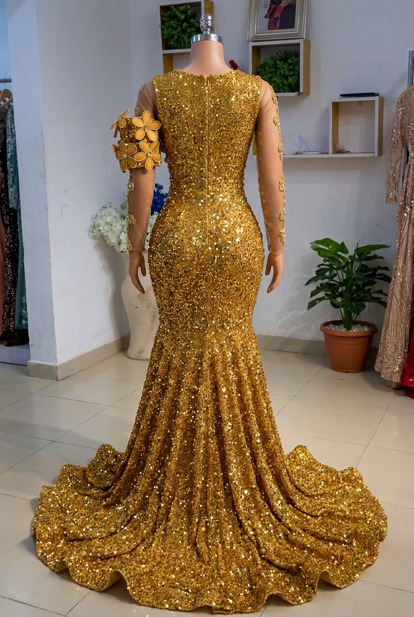 Gold scoop beaded mermaid prom dress
