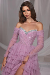 Gorgeous Long Lilac A-line Off-the-shoulder Sequined Tulle Prom Evening Dresses with Slit