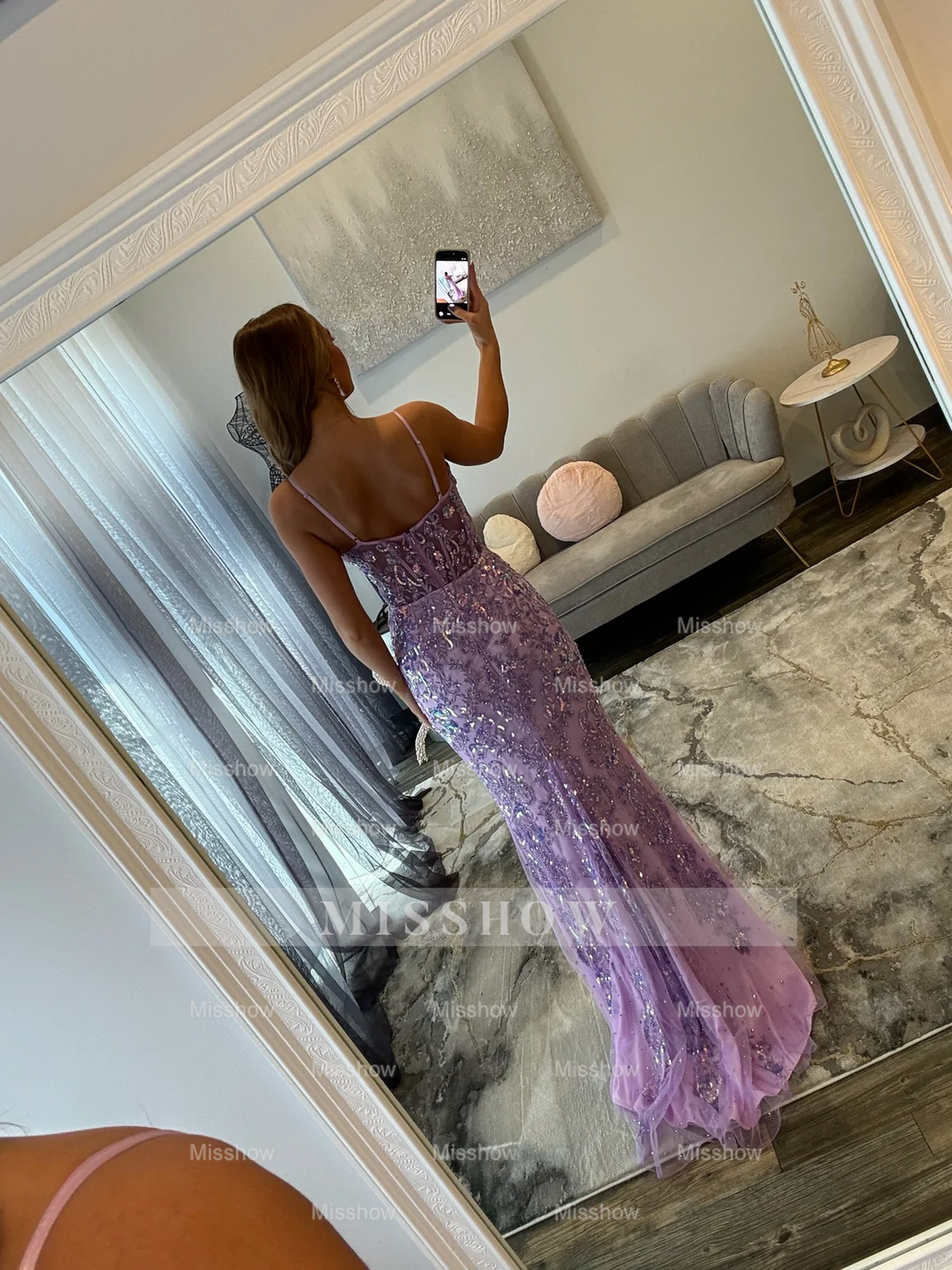 Gorgeous Long Lilac V-neck Speghetti Straps Prom Dress with Lace and Slit