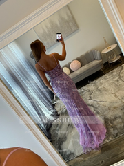 Gorgeous Long Lilac V-neck Speghetti Straps Prom Dress with Lace and Slit