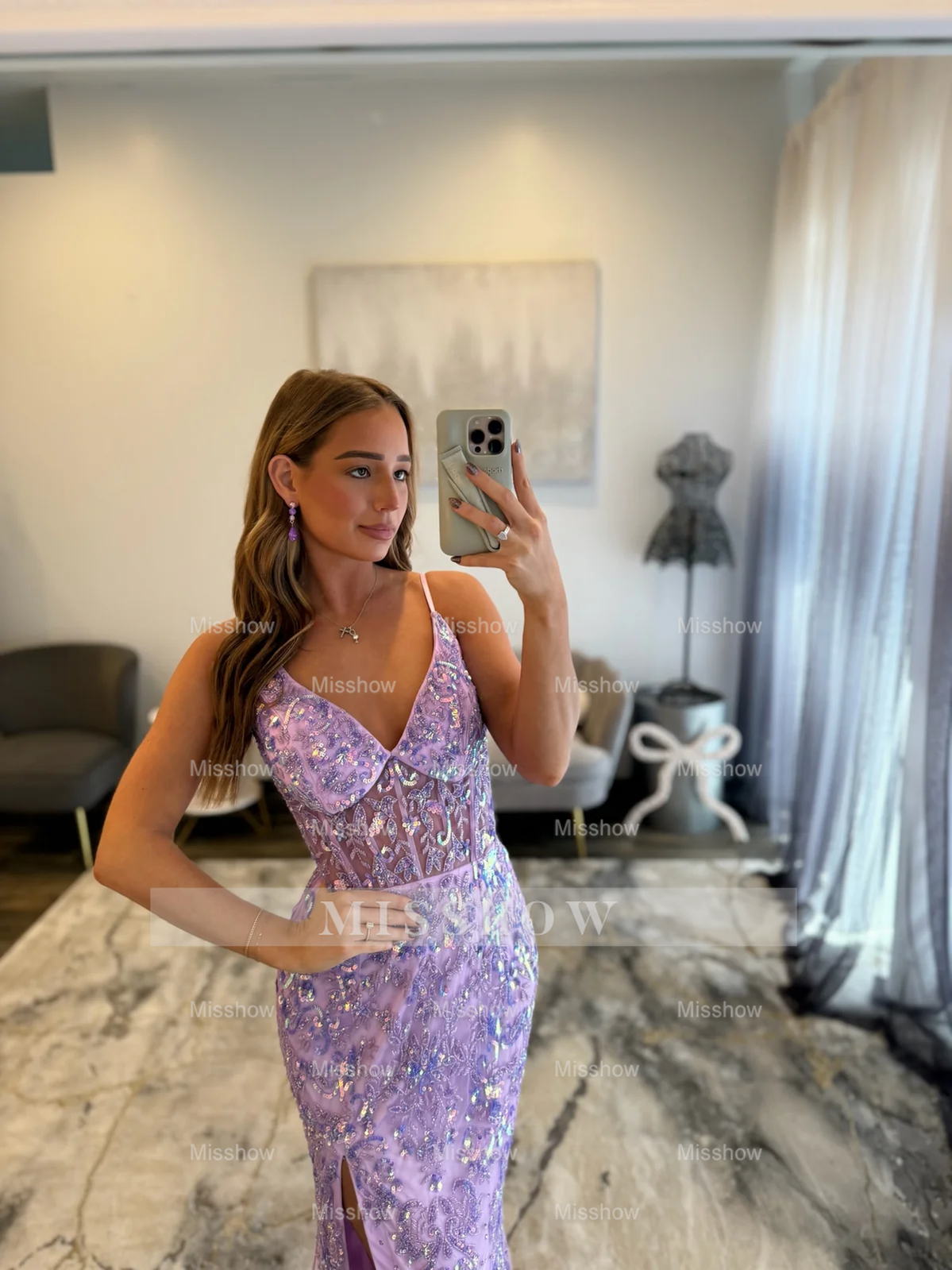 Gorgeous Long Lilac V-neck Speghetti Straps Prom Dress with Lace and Slit
