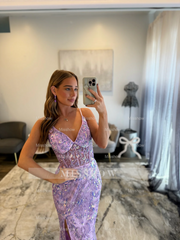 Gorgeous Long Lilac V-neck Speghetti Straps Prom Dress with Lace and Slit