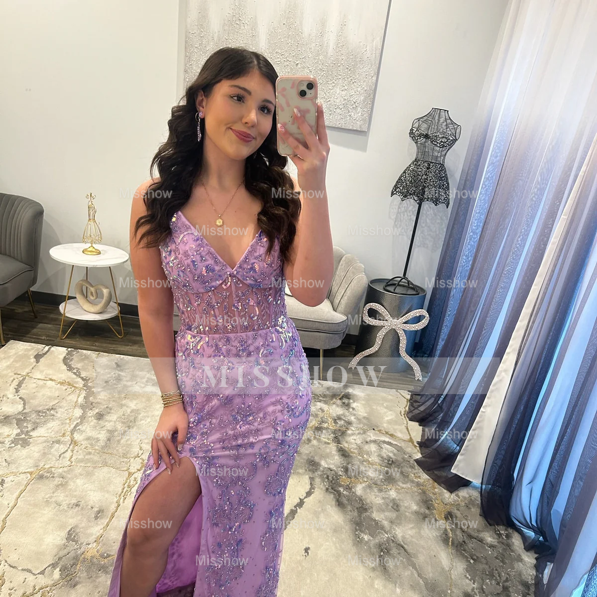 Gorgeous Long Lilac V-neck Speghetti Straps Prom Dress with Lace and Slit