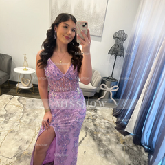 Gorgeous Long Lilac V-neck Speghetti Straps Prom Dress with Lace and Slit