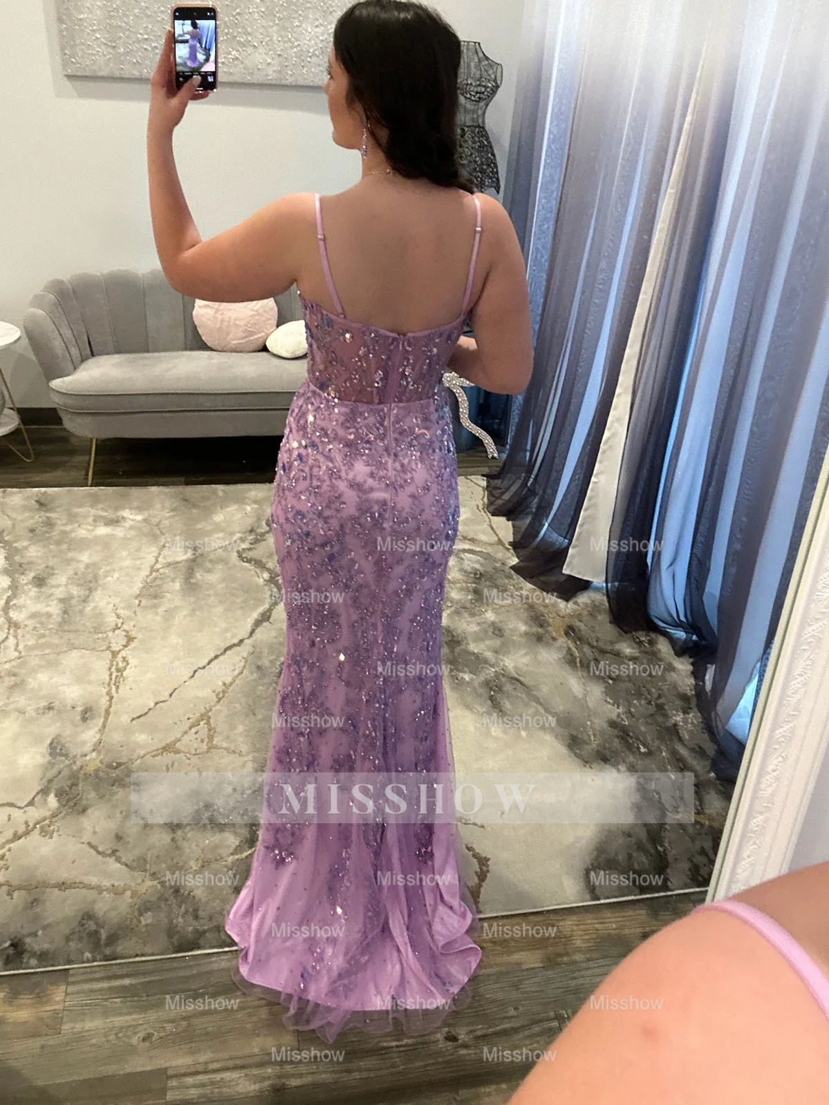 Gorgeous Long Lilac V-neck Speghetti Straps Prom Dress with Lace and Slit