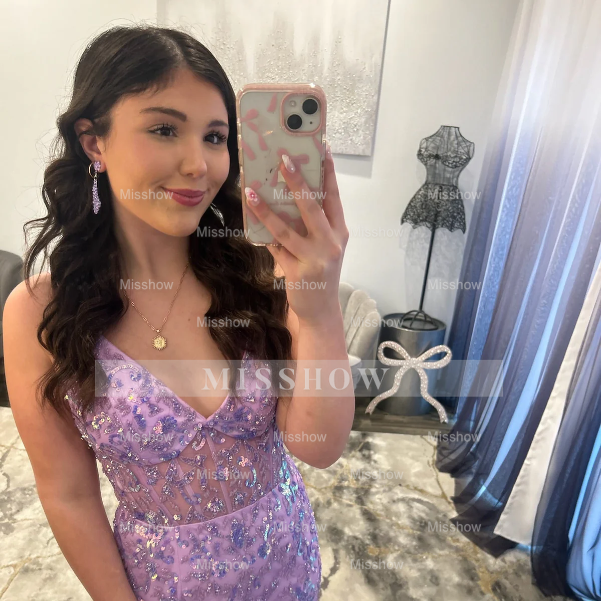 Gorgeous Long Lilac V-neck Speghetti Straps Prom Dress with Lace and Slit